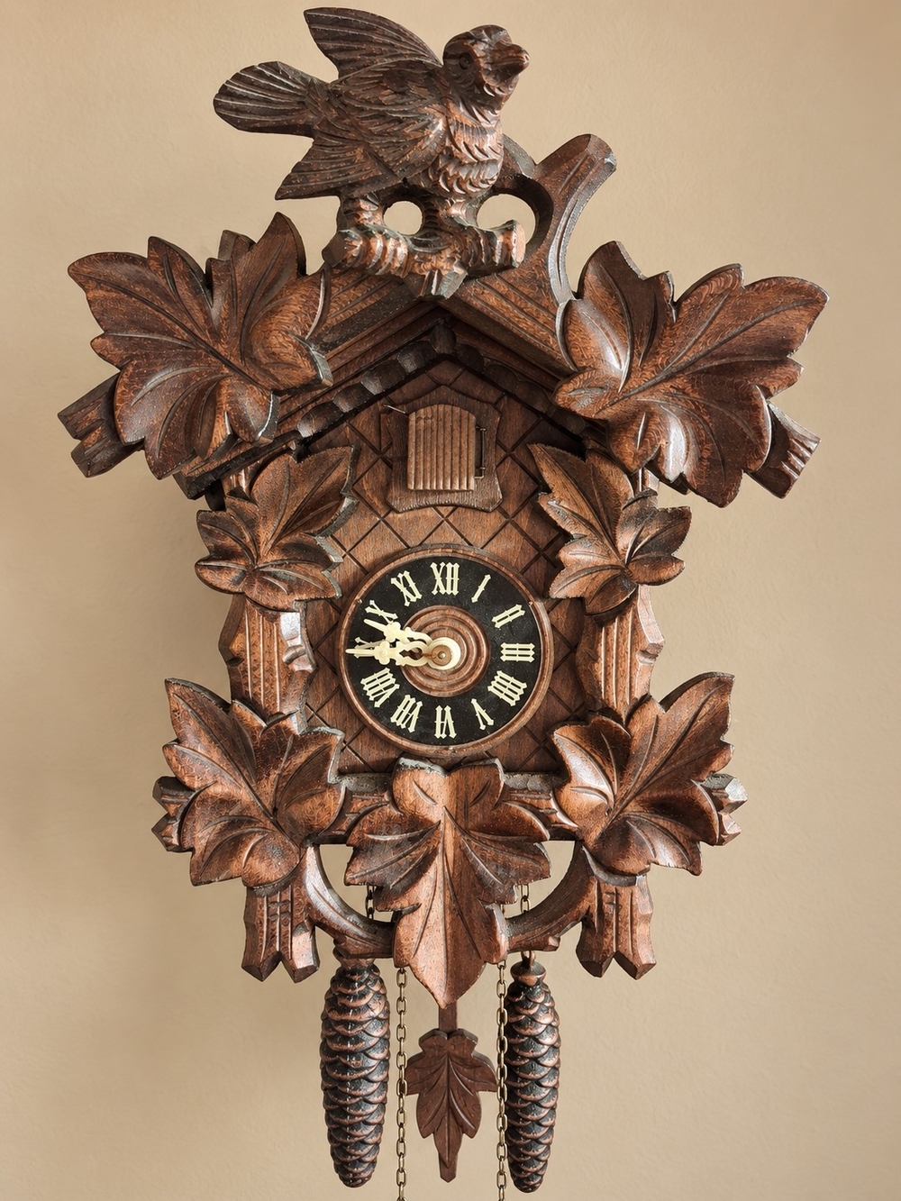 Hand-Carved Wooden Cuckoo Clock Wall Decor in Dark Brown